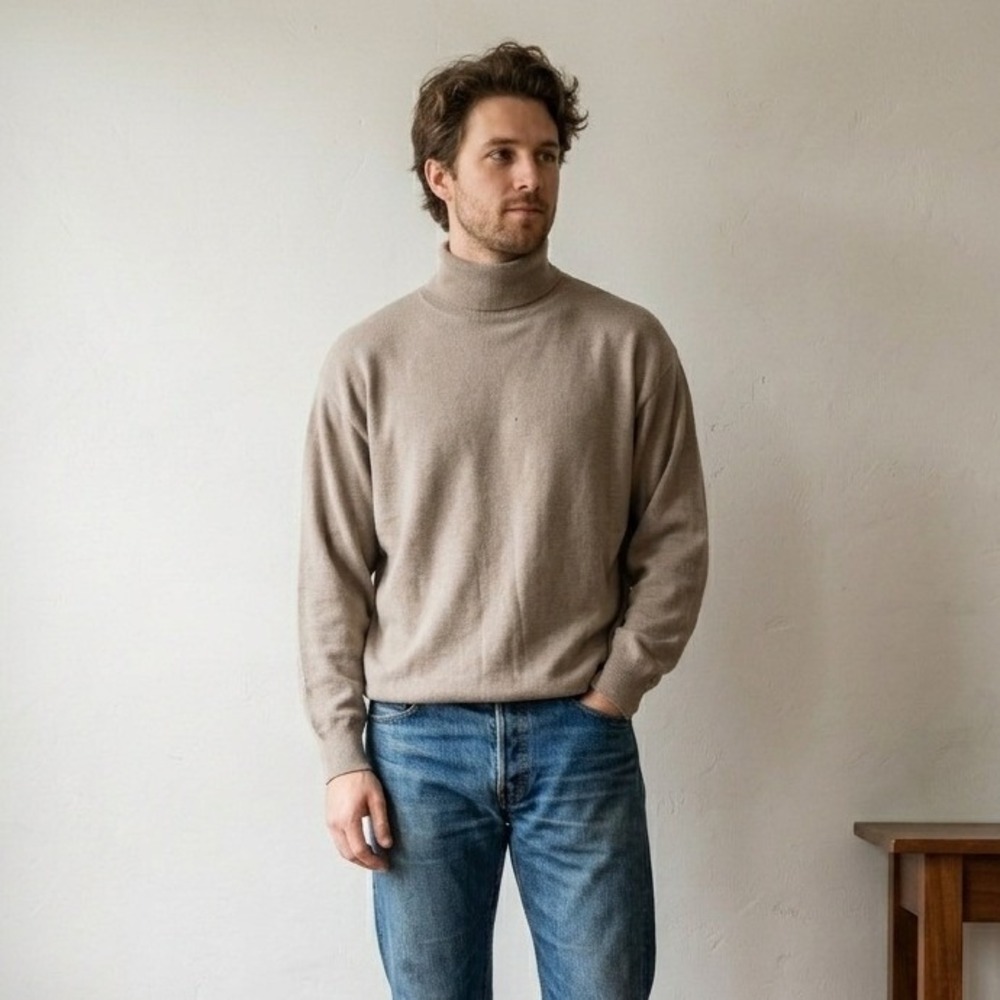 Vintage 90s Alan Austin Sweater Mens Medium Tan Turtleneck Knit Made in Italy